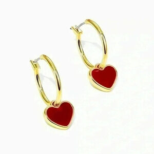 New 18k Yellow Gold 925 Silver Red Stone Heart Drop Earrings